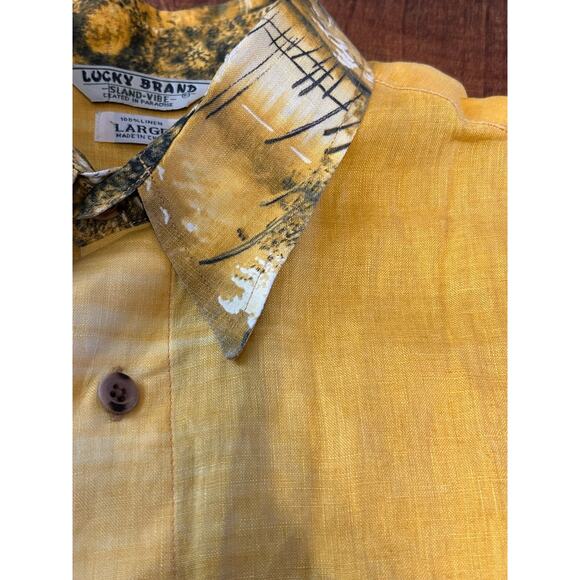 Lucky Brand Linen Button Up Shirt Mens L Yellow Island Vibe Short Sleeve Hut - Picture 9 of 11